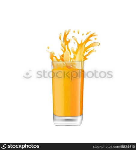 Illustration Orange Juice in Glass with Splash, Isolated on White Background - Vector
