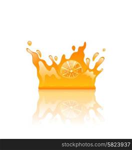Illustration Orange Juicy Splash Crown with Slice of Fruit, Isolated on White Background - Vector