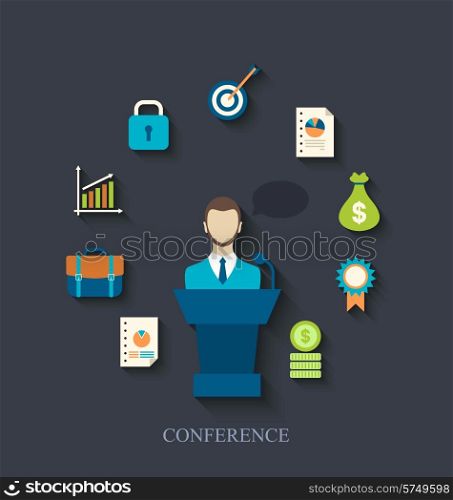 Illustration orator speaking from tribune and flat icons of business conference - vector