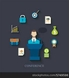 Illustration orator speaking from tribune and flat icons of business conference - vector