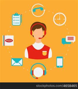 Illustration Order Pizza On-line, Call Center, Home delivery. Flat Style Icons - Vector