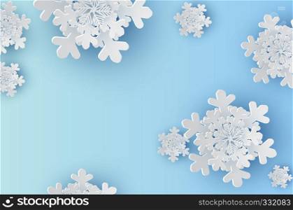 illustration Paper art and craft of Snowflakes for winter season with place text space background.wintertime Abstract Snowflakes for greeting card,Christmas poster,Paper cut style creative idea vector
