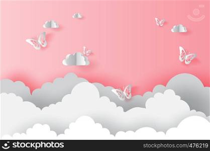 illustration Paper art cloud with butterflies on pink valentine concept.Butterfly flying in the sky.Creative design paper cut and craft style Origami cloudy and sky for landscape.pastel color.vector