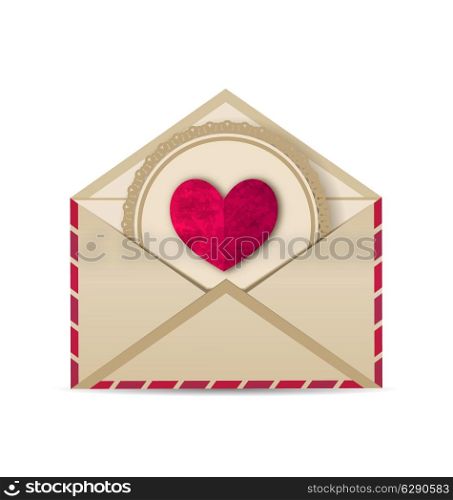 Illustration paper grunge heart in open old envelope - vector