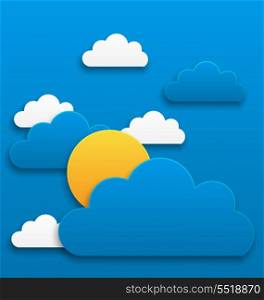 Illustration paper sun with clouds, abstract summer background - vector