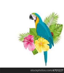 Illustration Parrot Ara, Colorful Exotic Flowers Blossom and Tropical Leaves, Isolated on White Background - Vector