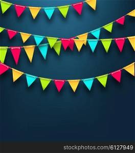 Illustration Party Dark Background with Bunting Flags for Holidays. Template for Poster, Signage, Postcard - Vector