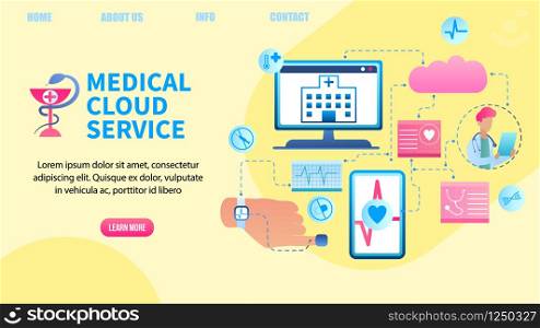 Illustration Patient Health Data Transfer System. Banner Vector Medical Cloud Service. Clinic Receives Patient Health Data Computer. Doctor Online Monitors Heart Person. Device for Life Indicator