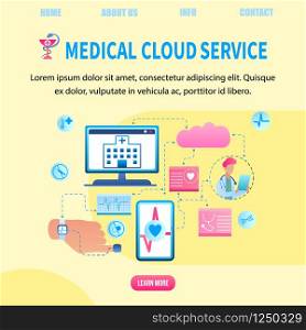 Illustration Patient Health Data Transfer System. Banner Vector Medical Cloud Service. Clinic Receives Patient Health Data Computer. Doctor Online Monitors Heart Person. Device for Life Indicator