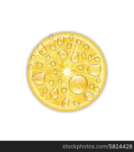Illustration Photo Realistic Slice of Lemon with Transparent Droplets, Isolated on White Background - Vector