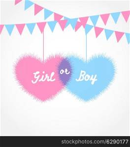 Illustration pink and blue baby shower in form hearts with hanging pennants - vector