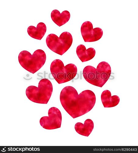 Illustration pink hand-drawn watercolor hearts isolated on white background for Valentines Day - vector