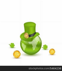Illustration planet Earth with hat, clovers and coins in saint Patrick Day. Isolated on white background - vector