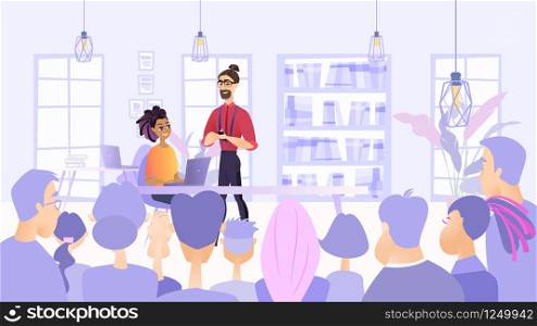 Illustration Planned Meeting Employees Company. Vector Image Teamwork on Project. Discussion Plan for Solving Tasks. Girl with Laptop Help in Presentation Young Man. Modern Office Interior