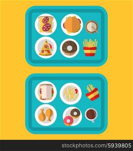 Illustration Plastic Trays with Fast Food (Cheeseburger, French Fries, Bread, Pizza, Chiken Legs, Donuts) and Drinks - Vector