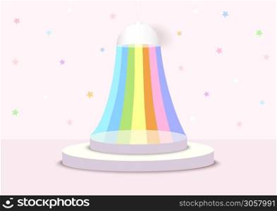Illustration platform background of rainbow light with with podium stand on pastel colors