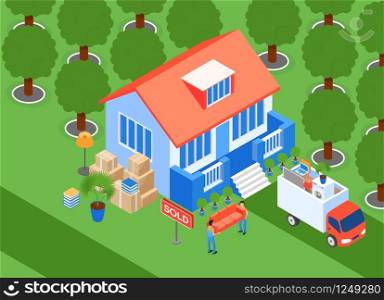 Illustration Porters Carry Furniture Isometric. Movers Load Couch into Van. Property is Collected and Packed in Cardboard Boxes. Ordered Furniture Transportation Service. Flat Vector.. Illustration Porters Carry Furniture Isometric.