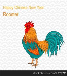 Illustration Postcard with Rooster as Symbol Chinese New Year 2017, Colorful Cartoon Cock, Hand Drawn Style - Vector