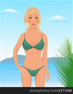 Illustration pretty blond girl on beach - vector