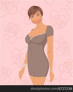 Illustration pretty girl on rose background - vector