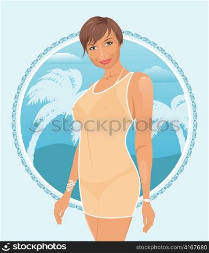 Illustration pretty girl on summer background - vector