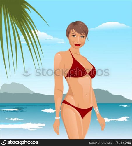 Illustration pretty girl on the beach - vector