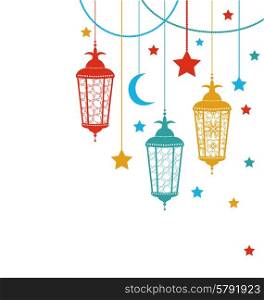 Illustration Ramadan Kareem Background with Lamps (Fanoos), Crescents and Stars - Vector