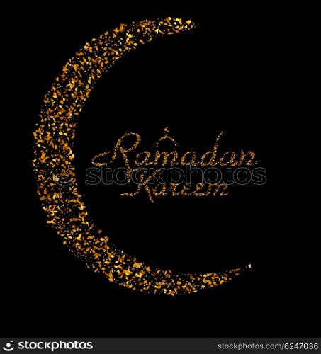 Illustration Ramadan Kareem Background with Moon and Calligraphy Text Made of Golden Confetti. Ramadan Mubarak Greeting Card, Invitation for Muslim Community Holy Month - Vector
