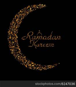 Illustration Ramadan Kareem Background with Moon and Calligraphy Text Made of Golden Confetti. Ramadan Mubarak Greeting Card, Invitation for Muslim Community Holy Month - Vector