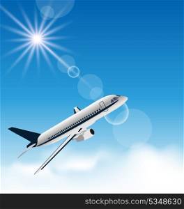 Illustration realistic background with flying airplane - vector