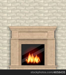 Illustration Realistic Marble Fireplace with Fire in Interior, Brick Wall - Vector