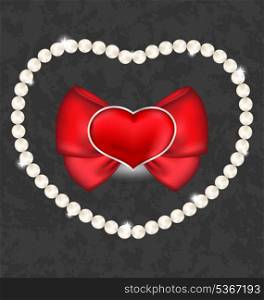 Illustration red heart with bow and pearls for Valentine Day - vector