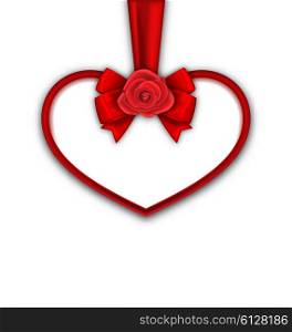 Illustration Red Heart with Red Rose, Ribbon and Bow for Happy Valentines Day, Isolated on White Background. Template for Greeting Card or Invitation - Vector