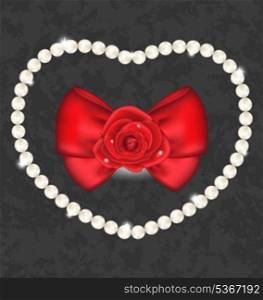 Illustration red rose with bow and pearls for Valentine Day - vector