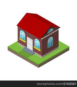 Illustration residential isometric house with grass and ground, isolated on white background - vector