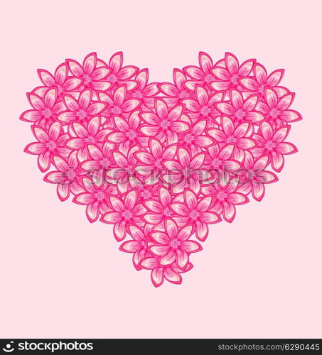 Illustration romantic heart made of pink flowers for Valentine Day - vector