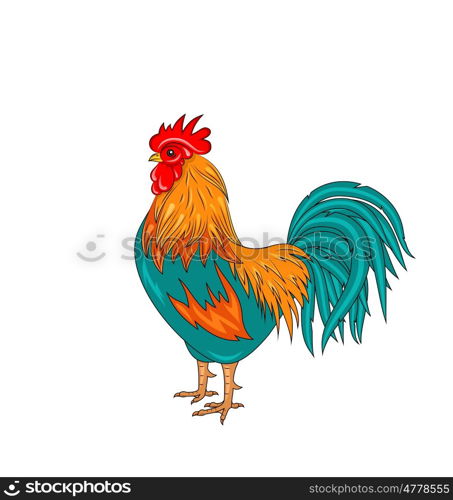 Illustration Rooster Isolated on White Background, Colorful Cartoon Cock, Hand Drawn Style - Vector