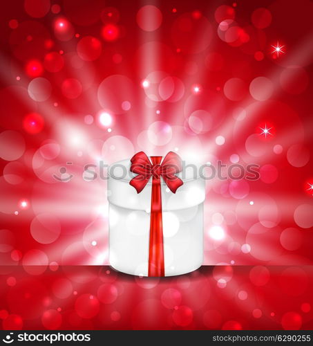 Illustration round gift box on light red background with glow - vector