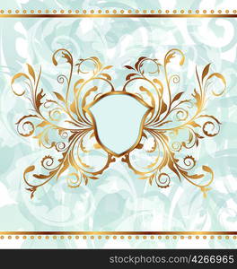 Illustration royal background with golden ornate frame and heraldic shield - vector