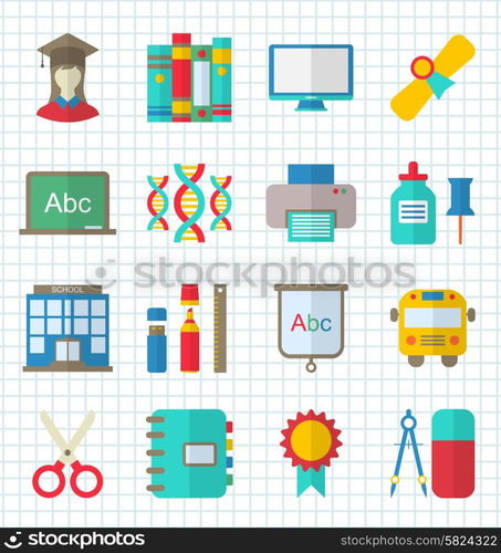 Illustration School Colorful Simple Icons, Objects and Elements for Education - Vector