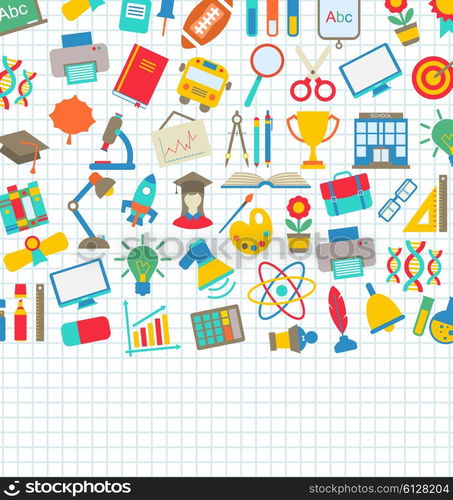 Illustration School Wallpaper with Place for Your Text, Education Simple Colorful Objects - Vector