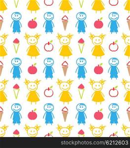 Illustration Seamless Background with Smiling Kids with Ice Cream, Apples. Funny Colorful Pattern - Vector