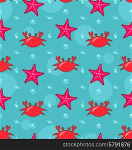 Illustration Seamless Background with Starfish and Crabs, Colorful Pattern - Vector