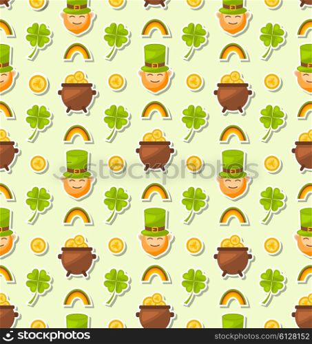 Illustration Seamless Holiday Background with Cartoon Colorful Elements and Objects for Saint Patrick&rsquo;s Day - Vector