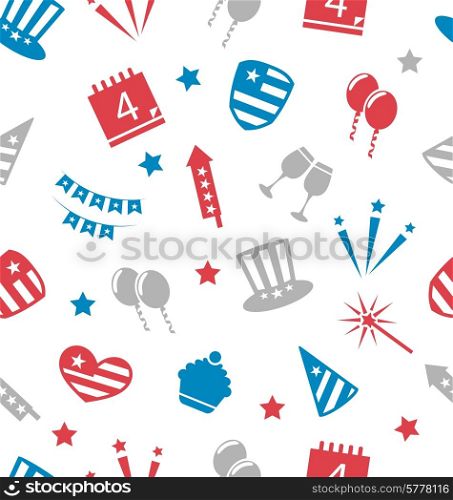 Illustration Seamless Pattern for Independence Day of America, Flat Icons in US National Colors - Vector