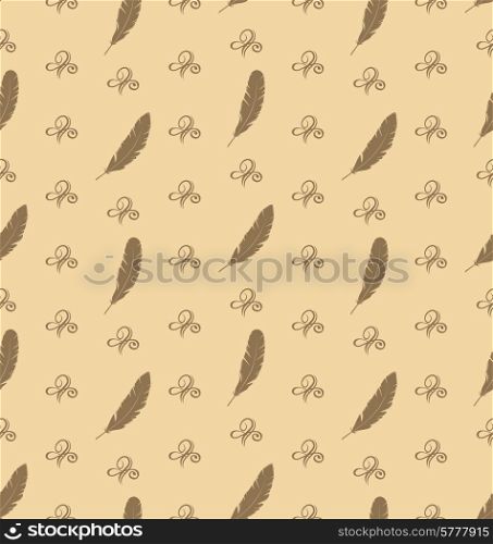 Illustration Seamless Pattern of Feathers with Ornament Elements, Retro Texture - Vector