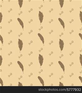 Illustration Seamless Pattern of Feathers with Ornate Elements, Vintage Wallpaper - Vector
