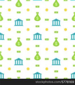 Illustration Seamless Pattern with Bank Institution, Bank Notes, Business Background - Vector