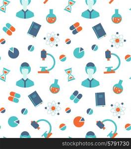 Illustration Seamless Pattern with Chemical and Medical Objects, Colorful Flat Icons - Vector