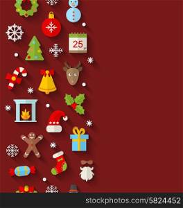 Illustration Seamless Pattern with Christmas Flat Icons with Long Shadows - Vector